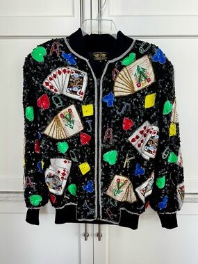 Creative Creations Silk Sequin Casino Bomber Jacket Winning Hand M Vtg Exc Cond